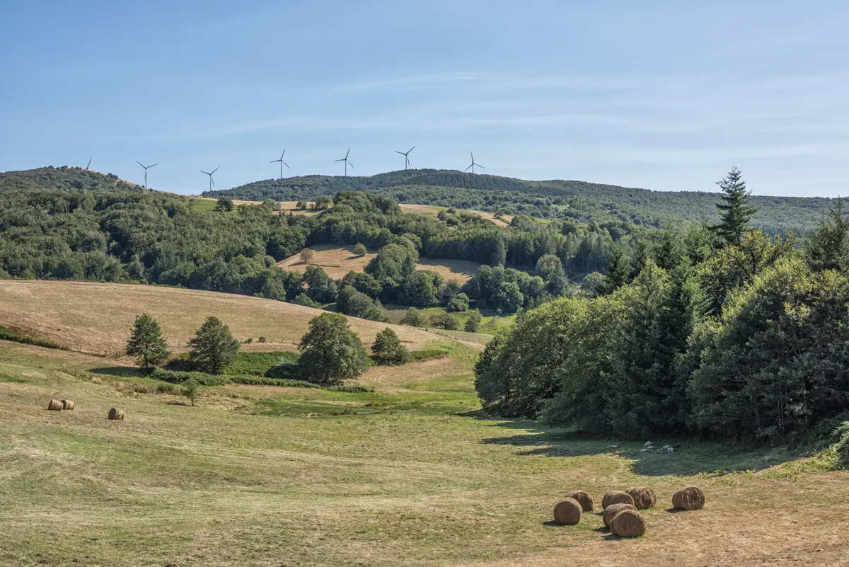 Collines boisées et éoliennes en ligne de crête à Fraisse-sur-Agout, Hérault